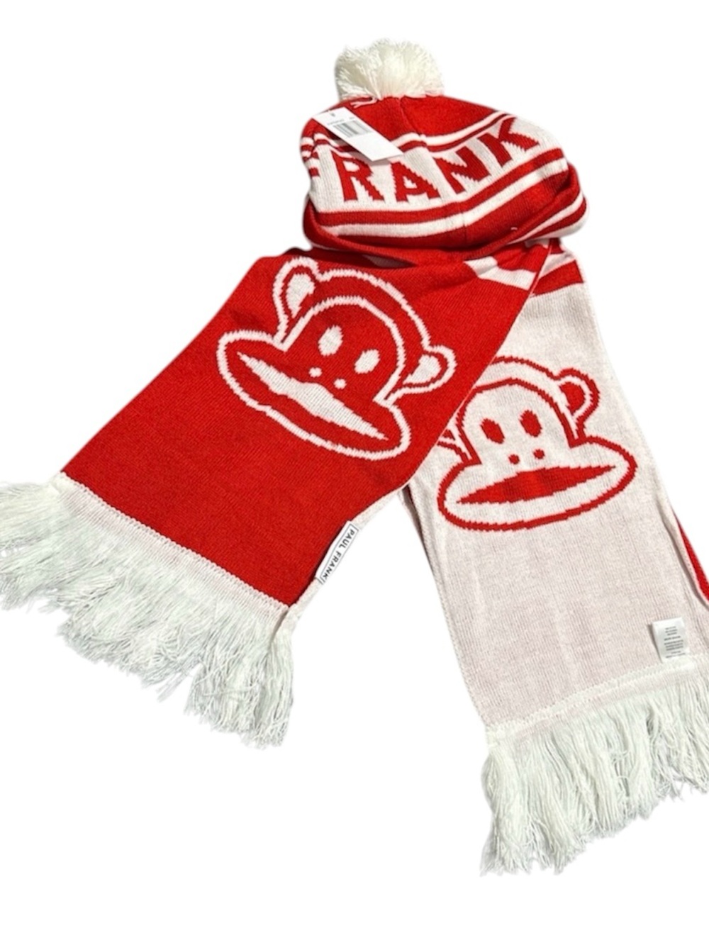 Paul Frank Red and White Monkey Knit Beanie & Scarf Set